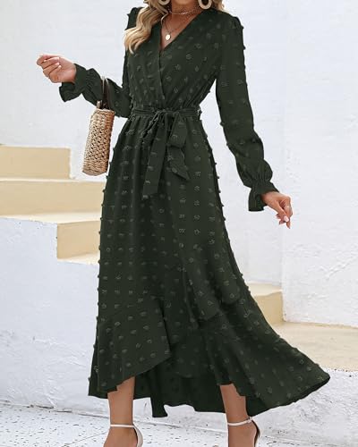 BTFBM Long Sleeve Maxi Dresses for Women Summer - color: Army Green, size: Large