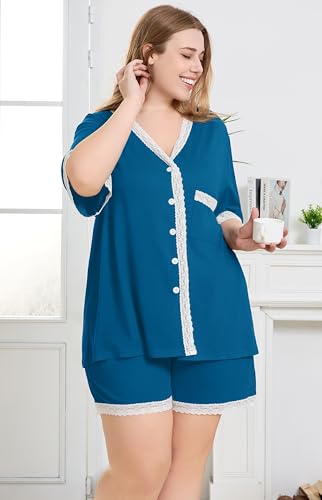Plus Size Women Pajama Sets Button Down Lace Trim 2pcs Nightwear - color: Peacock Blue, size: X-Large