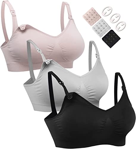 HOFISH 3PACK Full Bust Seamless Nursing Maternity Bras Bralette S-XXL with Extra Bra Extenders & Clips - color: 3pack: Black/Grey/Elegant Pink, size: Medium