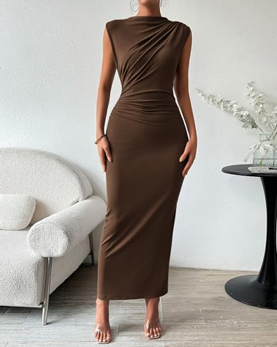 BTFBM Women Ruched Bodycon Maxi Dresses Summer Casual - color: Coffee, size: Small