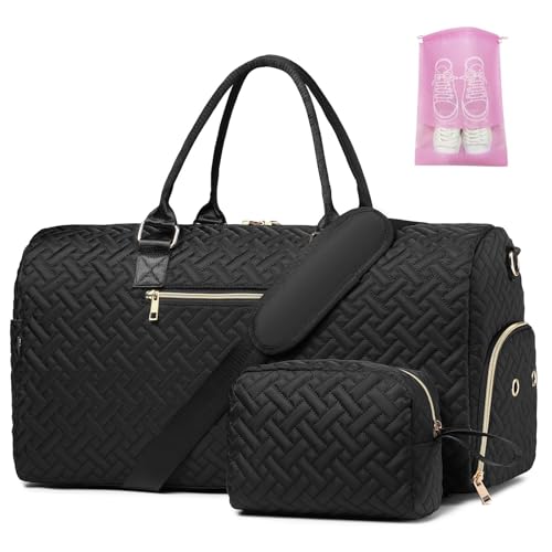 Duffle Bag for Travel, Weekender Bag with Shoe Compartment, Carry On Overnight Bag for Women with Toiletry Bag, 50L Gym Bag with Wet Pocket, Hospital Bags for Labor and Delivery Black Gold - color: Black Gold, size: Regular