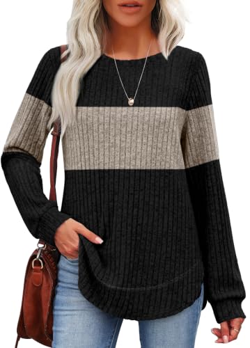 OFEEFAN Womens Sweaters Crew Neck Tunic Tops Long Sleeve Shirts Curved Hem - color: Black Beige, size: 3X-Large