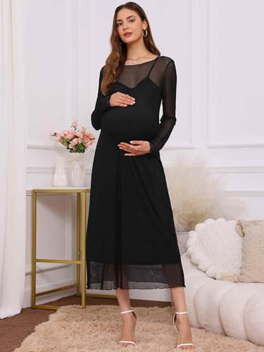 Women's Maternity Mesh Dress 2-Piece Maxi Bodycon Dress - color: Black, size: Medium