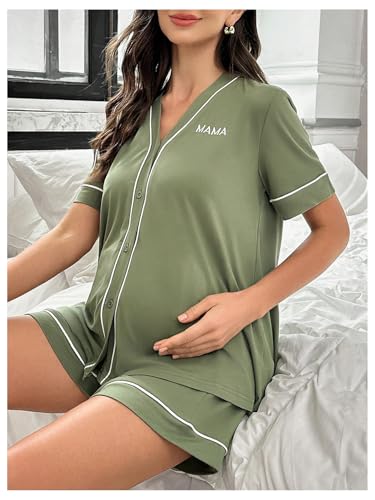 OYOANGLE Women's Maternity Pajamas V Neck Short Sleeve Button Down Shirt and Shorts 2 Piece loungewear - size: Large