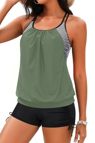 Holipick Womens 2 Piece Tankini Swimsuit Blouson Tummy Control Bathing Suit - color: Army Green Striped, size: X-Small