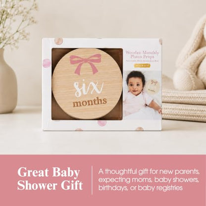 Kate & Milo Wooden Baby Monthly Milestone Discs, Pink Bow Design
