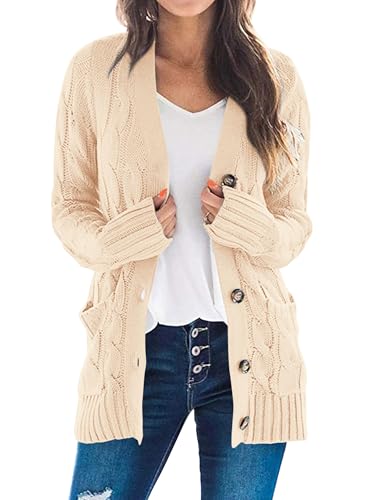 PRETTYGARDEN Women's Cable Knit Cardigan Sweaters Fall - color: Beige, size: Medium
