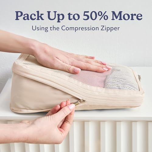 Vandel Compression Packing Cubes for Women, Set with Hanging Toiletry Bag - color: 3. Sand, size: Deluxe Set (4 Cubes + Toiletry & Laundry Bags)