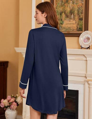 Ekouaer 2 Pack Nightgowns for Women Long Sleeve Button Down Sleep Shirt - color: Black/Navy Blue, size: Medium