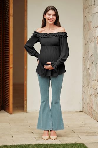 OUGES Womens Cotton Blend Off The Shoulder Maternity Tops Smocked Ruffle Sleeve Blouse Going Out Pregnancy Shirts 2025 - color: Black, size: X-Large