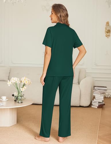 Ekouaer Womens Pajama Sets Button Down Lounge Sets 2 Piece Short Sleeve Pjs - color: Dark Green, size: Medium