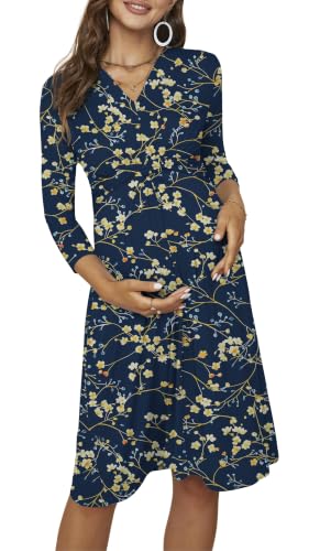 Fall Maternity Midi Dress V Neck 3/4 Sleeve Baby Shower - color: Navy Floral, size: Large