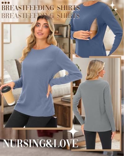 Neer 3 Pack Women's Nursing Hidden Zipper Long Sleeve Shirts - color: Light Blue, Light Gray, Haze Blue, size: Large