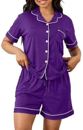 Vopmocld Women Pajama Shorts Sets Cozy 2pcs Button Down Sleepwear Solid PJS - color: Bright Purple, size: Medium