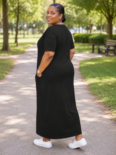 SUZONANA Women's Plus Size Maxi Dress V Neck Short Sleeve with Pockets - color: 1black, size: 4X-Large