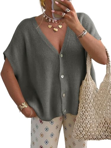 Saodimallsu Womens Fall Short Sleeve Cardigans Sweater Oversized Tops - color: Dark Gray, size: Medium
