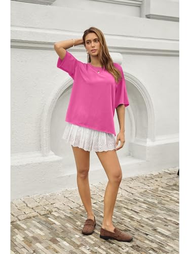 UNCLECAT Womens Oversized T Shirts Summer Trendy Short Sleeve Loose Fit Tee - color: Hot Pink 1, size: Medium