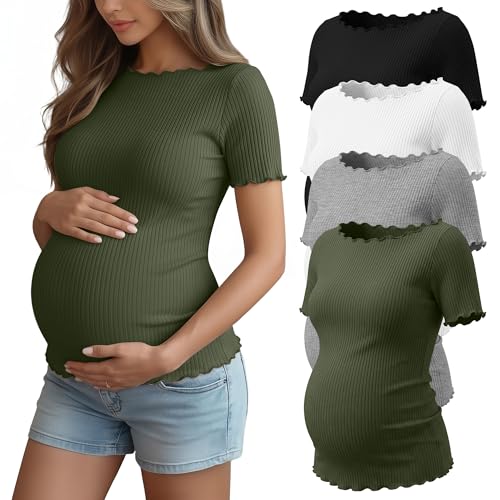 4 Pack Women's Maternity Ribbed Shirts - color: Black, White, Light Heather Gray, Army Green, size: Medium