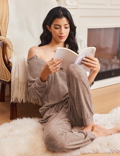 Ekouaer Womens Pajama Sets Long Sleeve Henley Neck Pj Sets Loungewear 2pcs - color: Brown, size: Small
