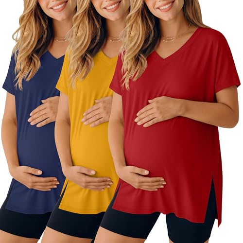 Ficerd 3 Pack Women's Maternity Shirts - color: Navy Blue, Pure Yellow, Pure Red, size: Small