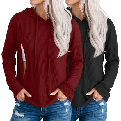 Ficerd 2 Pack Women‘s Nursing Waffle Hoodies with Hidden Zipper - color: Wine Red, Black, size: X-Large