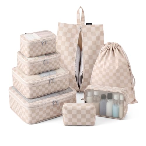 Vandel Compression Packing Cubes, Travel Organizer Bags for Luggage, 8-Pack - color: 2. Neutral Checker, size: 8 Pack (4 Cubes + 4 Travel Bags)