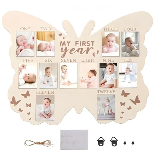 12 Monthly Picture Frame,One Year Birthday Wooden Photo Board, My First Year Milestone Photo Board Baby First year Wood Sign (Butterfly) - color: Butterfly