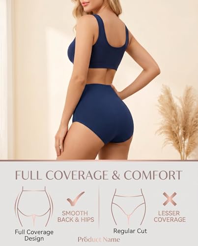 MISSWHO Women's High Waisted Cotton Underwear Soft Breathable Full Coverage Stretch Briefs Ladies Panties 5-Pack - color: Black*2, Nude, Grey, Navy, -5 Pack, size: Medium