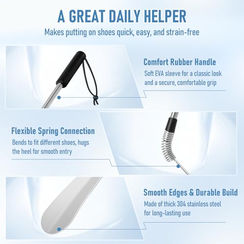 Fanwer Premium Long Handled Shoe Lifter 16" to 31" Adjustable Expander Shoe Horn - Extends & Collapses Stainless Steel Telescopic Spring Shoehorn