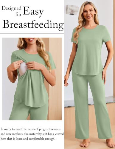 Ekouaer 3 Piece Maternity Nursing Pajamas Set Short Sleeve Breastfeeding Pjs - color: Light Green, size: Medium