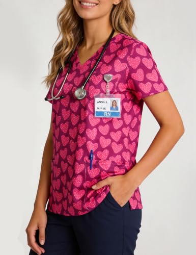 Women's Print Scrub Tops V Neck Short Sleeve Fun Scrubs Shirts - color: Hearts-a, size: Medium