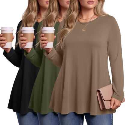 Evervibe 3 Pack Womens Plus Size Tunic Tops - color: Black, Army Green, Coffee, size: 3X-Large