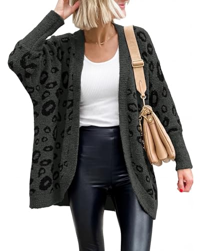 BTFBM Leopard Cardigan for Women Knit Fall Fashion Clothes - color: Dark Grey, size: Small