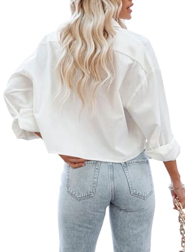 LAYOGAS Womens Crop Button Down Shirts Casual Long Sleeve Lapel Blouse - color: 01-white, size: Medium