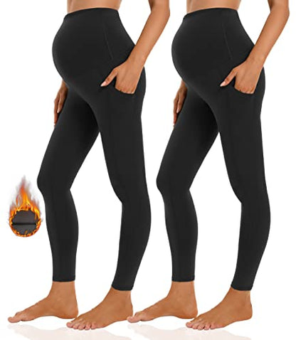 Foucome Women's Fleece Lined Maternity Leggings with Pockets - color: 2pack Black, size: Large