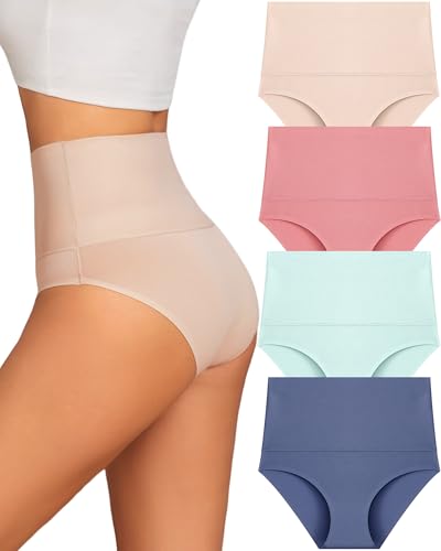 Tummy Control Underwear for Women High Waisted Seamless Panties 4 Pack - color: Navy+beige+green+pink, size: Medium
