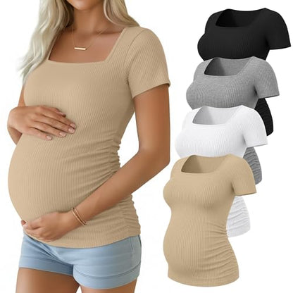 Huukeay 4 Pack Women's Short Sleeve Maternity Shirts - color: Black, Heather Gray, White, Light Khaki, size: Medium