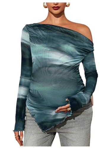 RoseSeek Women's Maternity Off The Shoulder Asymmetrical Tops Mesh Shirts - color: Green Multicolor, size: Small