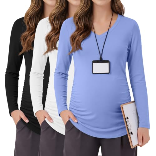 3 Pack Women Maternity Shirts Scrub Tops Side Ruched - color: Black, White, Sky Blue, size: XX-Large