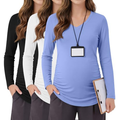 3 Pack Women Maternity Shirts Scrub Tops Side Ruched - color: Black, White, Sky Blue, size: XX-Large