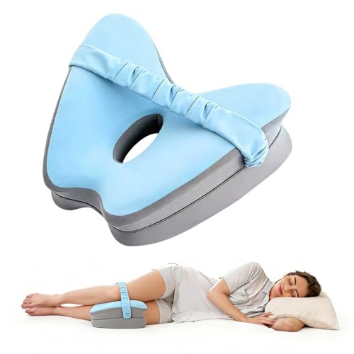 Memory Foam Knee Pillow for Side Sleepers, Blue with Adjustable Strap for Hip & Spine Alignment, Relieves Sciatica, Back & Joint Pain, Leg Cushion for Comfortable Sleep - color: Blue