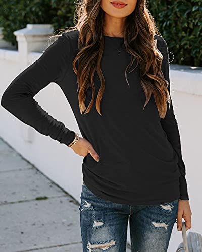 Sherosa Womens T-Shirts Long Sleeve Crew Neck Shirts Basic Tee Tops Blouse - color: A Black, size: X-Large