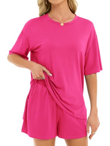 Women's 2 Piece Short Sets Loose Lounge Sets Summer Matching Sets - color: Pink, size: X-Large