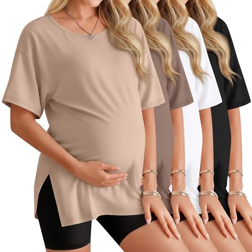 4 Pack Women's Maternity T Shirts - color: Khaki, Light Coffee, White, Black, size: Medium