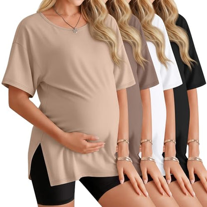 4 Pack Women's Maternity T Shirts - color: Khaki, Light Coffee, White, Black, size: Medium