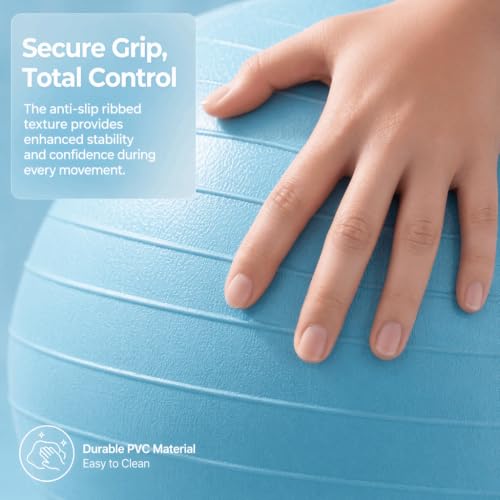 Exercise Ball, Blue Ribbed PVC Yoga Stability Anti-Burst Ball with Pump, 55cm 65cm 75cm for Balance Training and Core Workout - size: 65cm