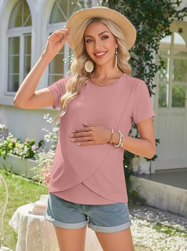 Ekouaer 3 Pack Nursing Shirts Short Sleeve Breastfeeding Tops Maternity Tee - color: Black/Light Gray/Pink, size: Medium