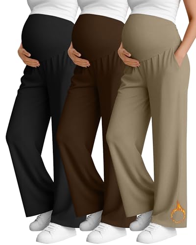 Oakgarden 3 Pack Women's Fleece Maternity Pants - color: Khaki, Brown, Black, size: Large