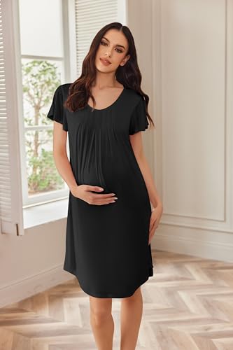 Nursing Nightgown Labor and Delivery Gow Breastfeeding Maternity Dress - color: Black, size: XX-Large