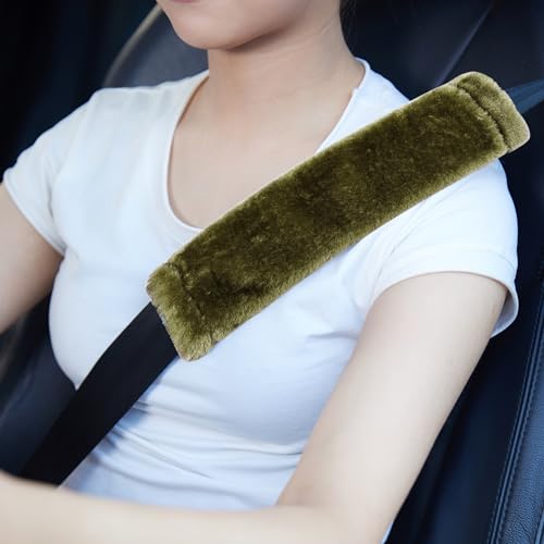 MOONET Universal Soft Faux Sheepskin Seatbelt Covers, 2 Pack (Olive) - color: Olive